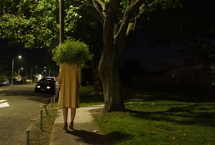 Photo by Florence Charvin Photography of A person wearing a tan coat walks on a pavement at night with a large bush or shrub covering their head, near a tree and parked cars.